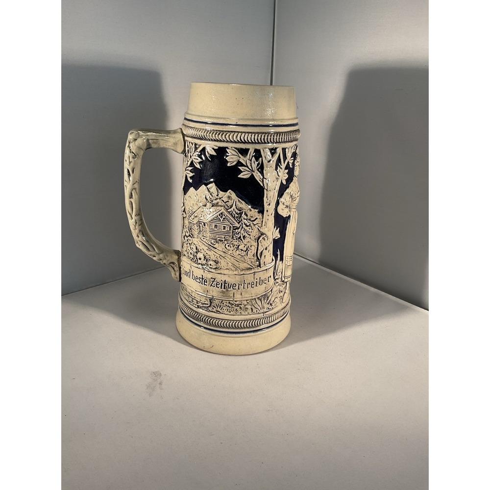 Vintage German Beer Stein Original Lerchen Blue And Gray Stoneware